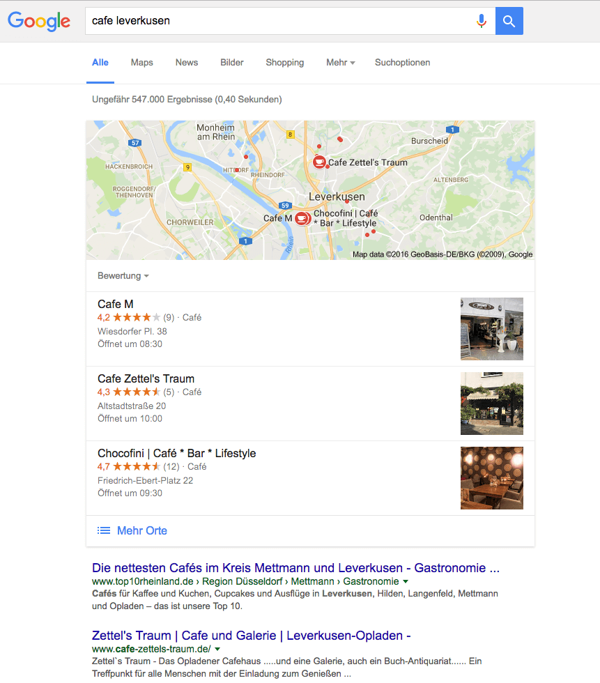 Screenshot von Cafes in Leverkusen Suchergebnis über Google